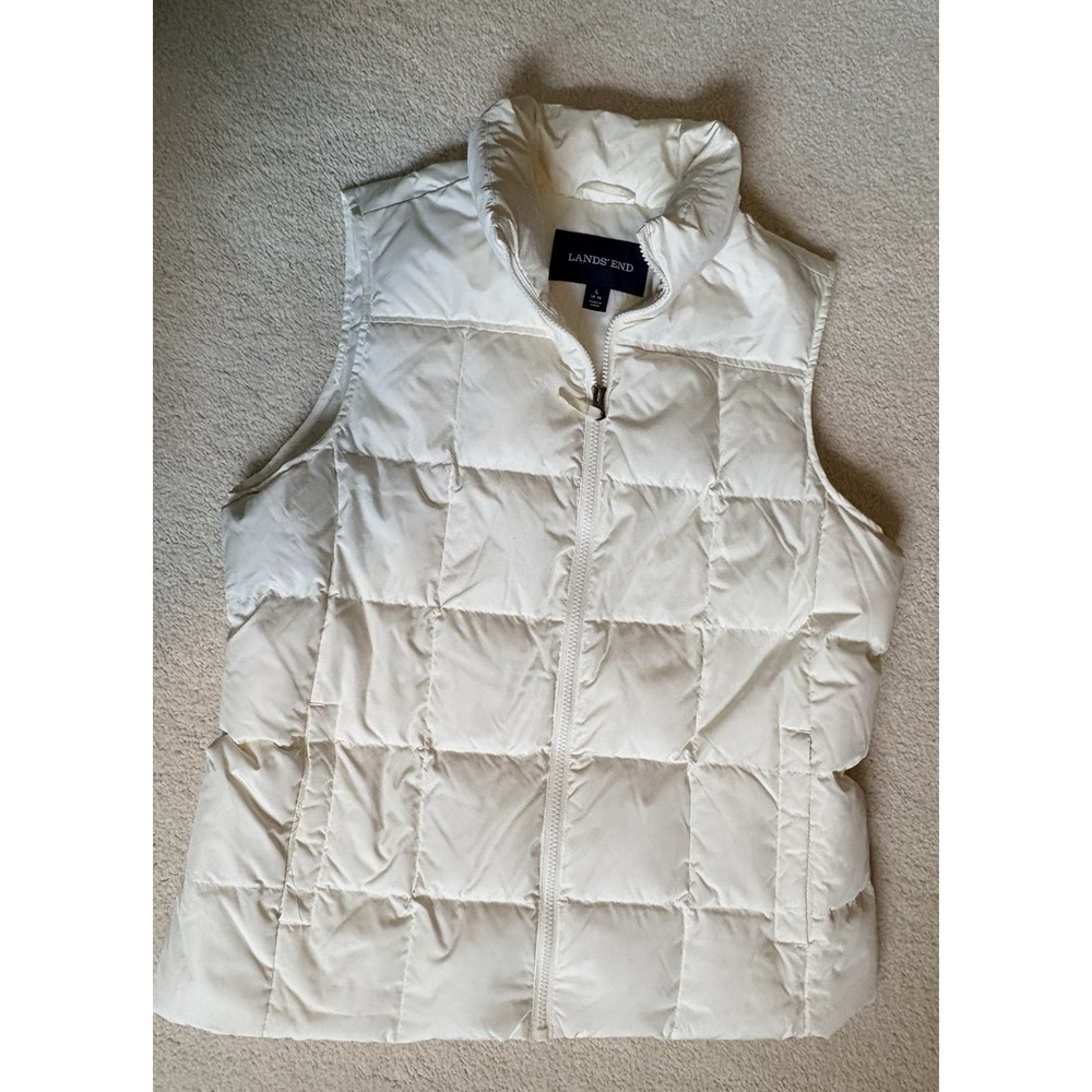 Lands' End Down Fill Puffer Vest Box Quilted Ivory Full Zip Size L 14-16